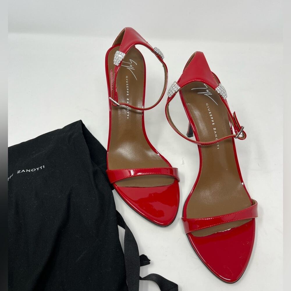 Giuseppe Zanotti Red Patent Leather Crystal Embellished Heel Sandal size 37.5 EU